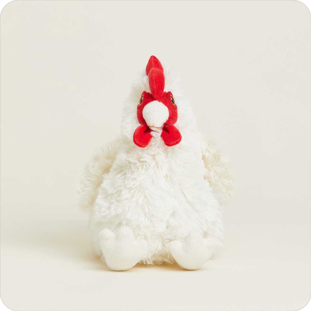 Fluffy white plush chicken with red comb and wattles, microwaveable comfort toy in Dolls & Stuffed Animals under $50 collection