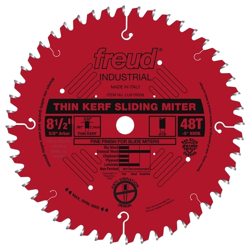 Red Freud industrial thin kerf sliding miter saw blade with multiple teeth for woodworking tool accessories and home improvement tasks