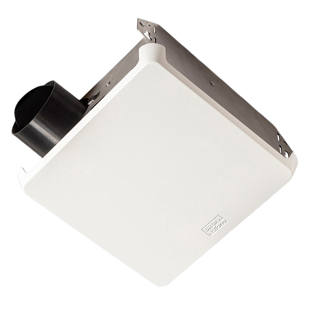 White square bathroom exhaust fan with black round vent and metal mounting bracket for home improvement use