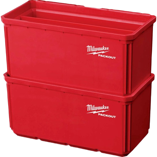 Two-pack of red Milwaukee PACKOUT™ large storage bins for organizing tools in workshops and jobsites
