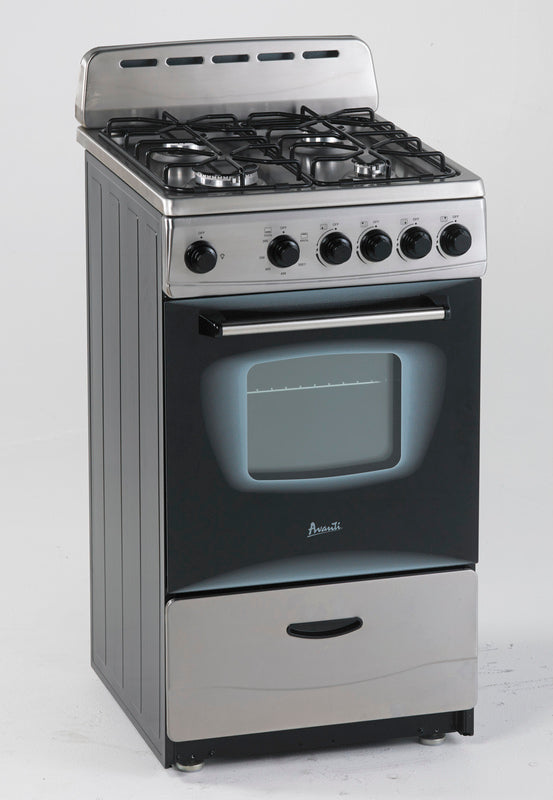 Compact stainless steel 20-inch gas range with five control knobs and oven window for kitchen and appliances collections