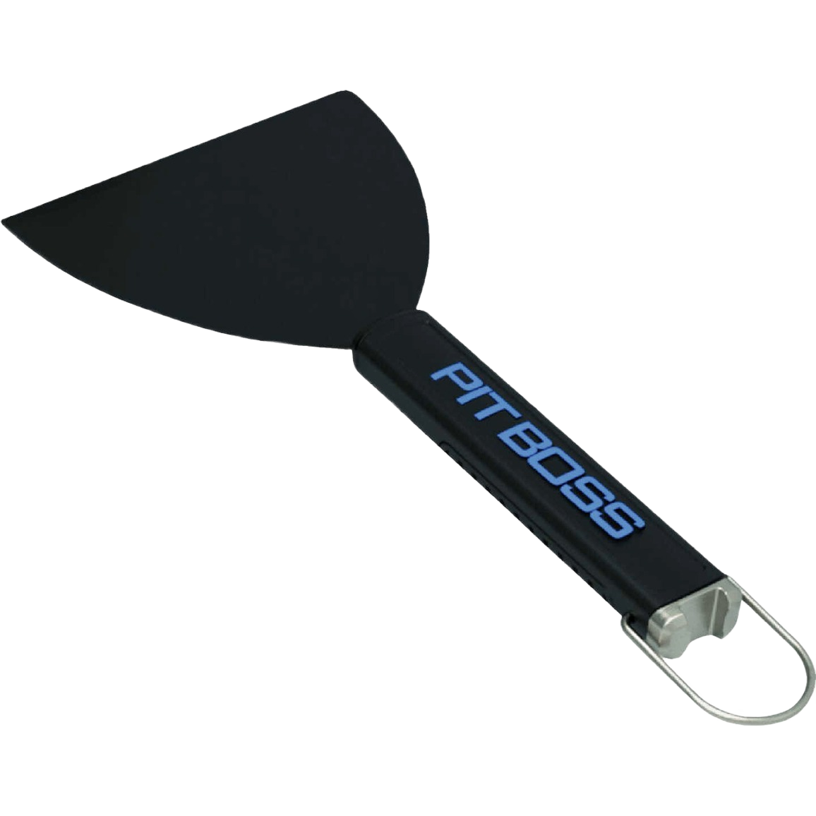 Black griddle scraper with plastic handle and metal hanging loop for grilling tools and outdoor living use under $50