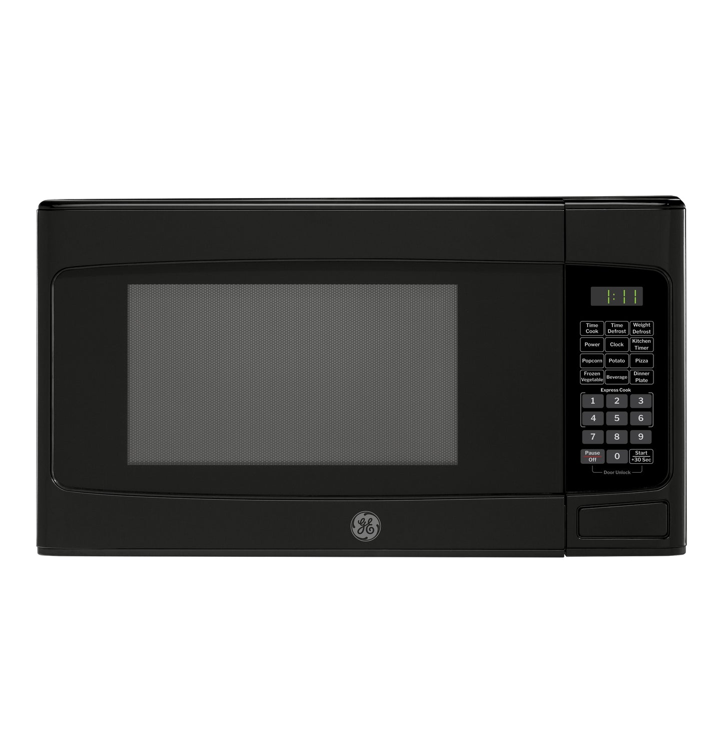 Front view of black countertop microwave oven with digital control panel and GE logo in kitchen appliances collection