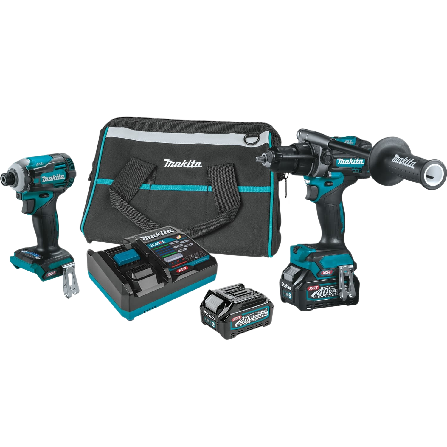 Cordless drill and impact driver set with charger, battery, and black carrying bag for tools and home improvement use
