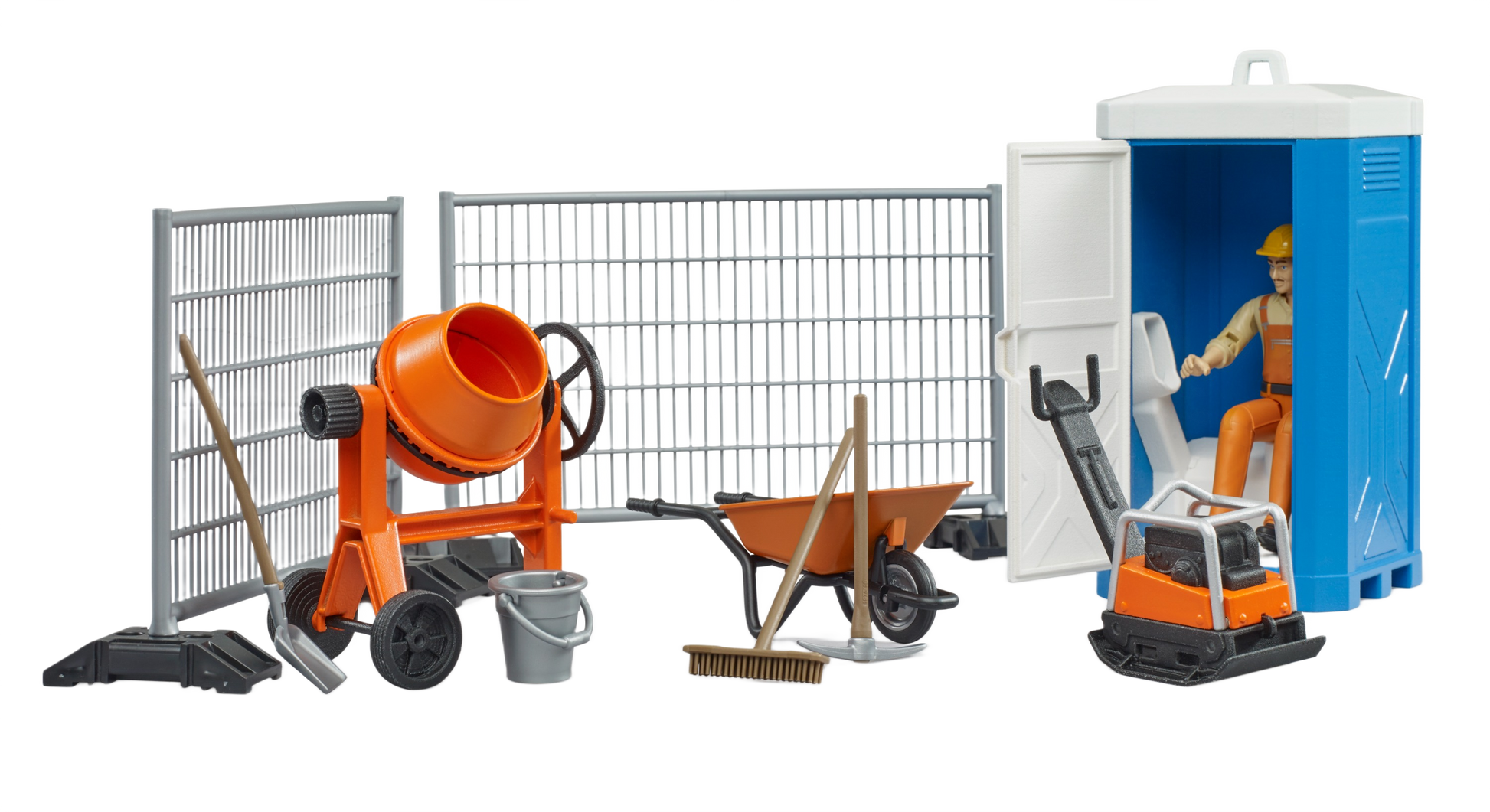 Construction play set with miniature cement mixer, wheelbarrow, portable toilet, fencing, and tools for pretend building tasks