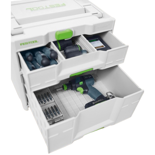 White and green Festool tool organizer with multiple compartments and drawers for woodworking tools and workshop storage