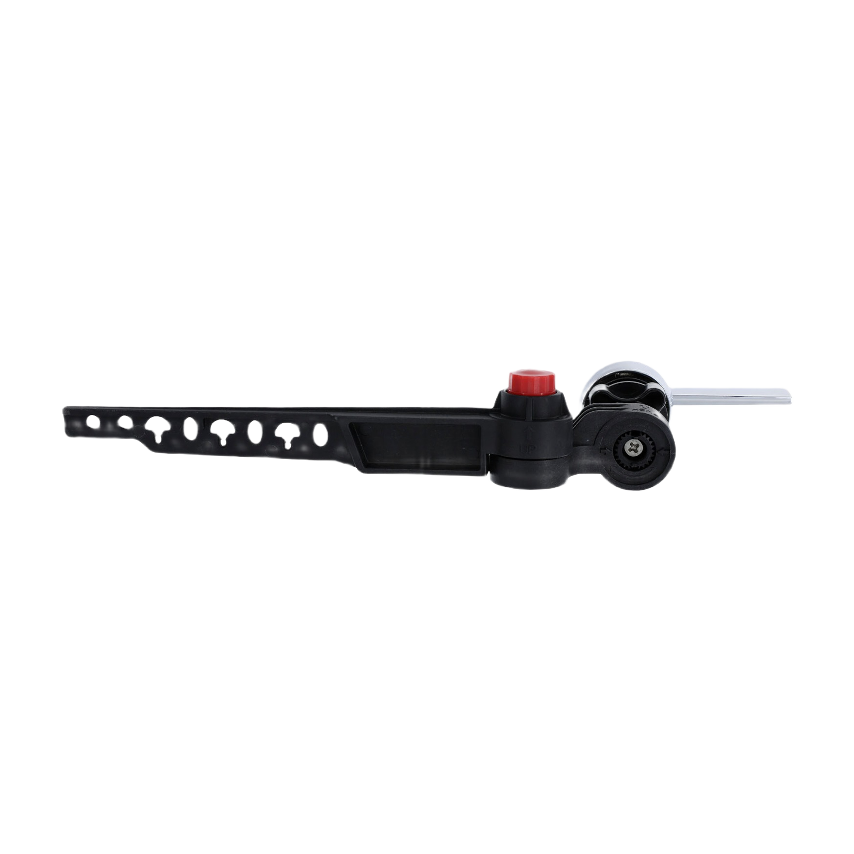 Black adjustable chain link lever arm with metal rod and red plastic pivot for plumbing repair and toilet parts replacement