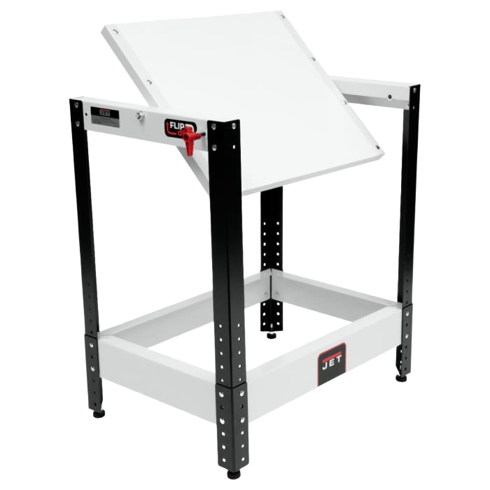 Adjustable flip-top metal tool stand in black and white for benchtop machines, ideal for power tool accessory setups