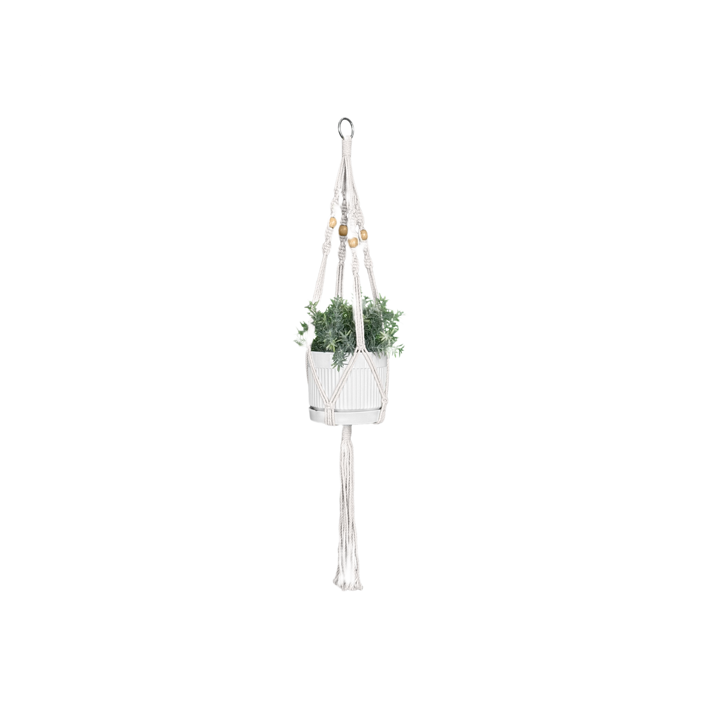 Cream-colored medium macrame plant hanger with wooden beads holding a white pot with green foliage