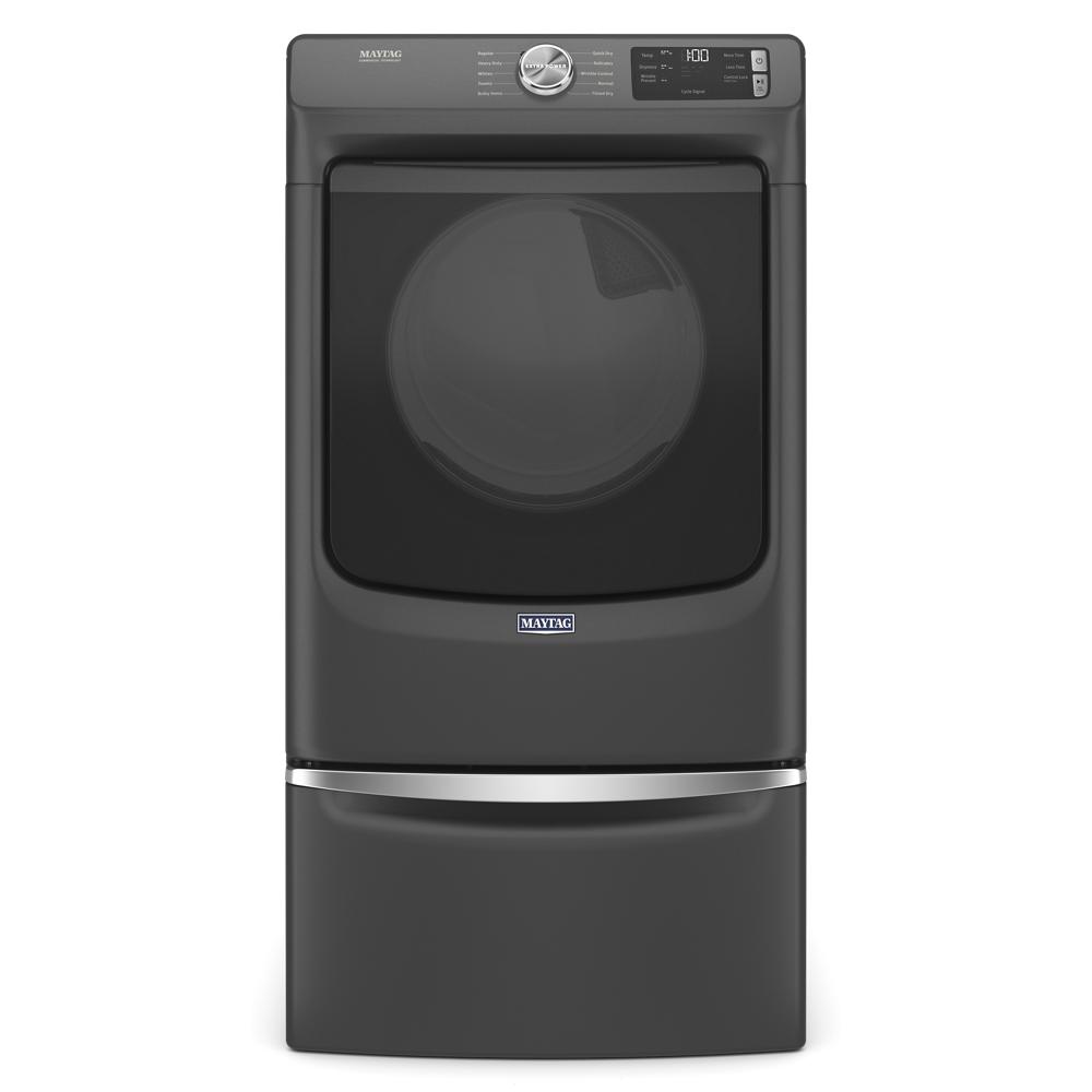 Dark gray front load dryer with digital controls and storage pedestal from Appliance Parts & Accessories collection