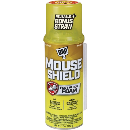 Yellow can of Mouse Shield pest block foam sealant with reusable straw for rodent and insect control under $50 collection
