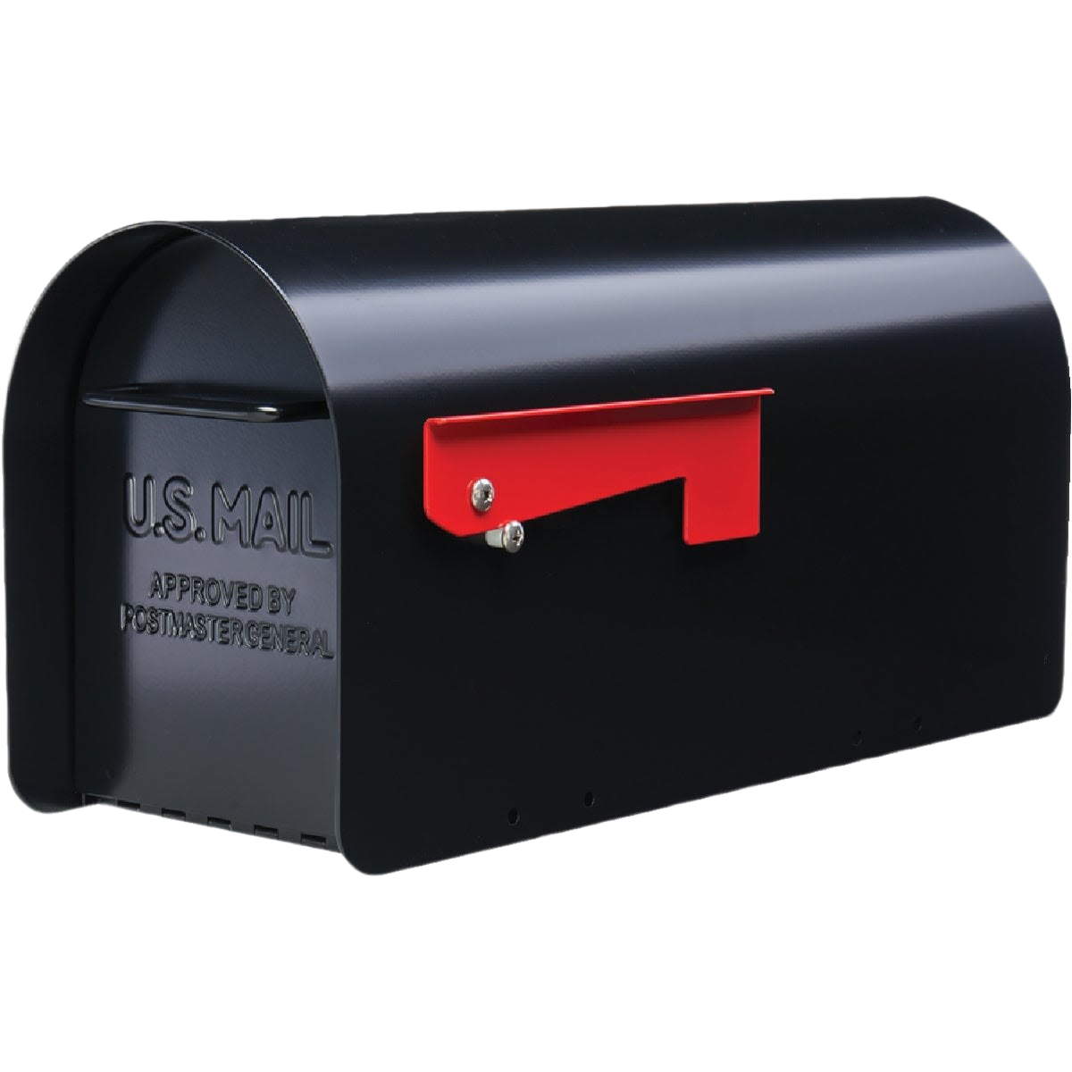 Black metal post mount mailbox with a red flag for residential mail delivery and home improvement use