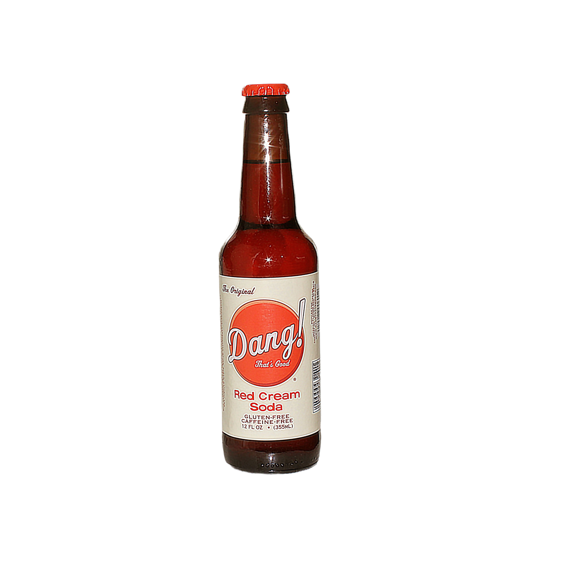 Glass bottle of Dang! red cream soda with white label and red cap featuring retro design and bold branding