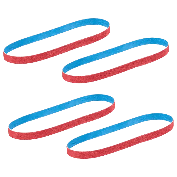 Four sanding belts with red abrasive surfaces and blue backing for woodworking tool accessories and home improvement tasks