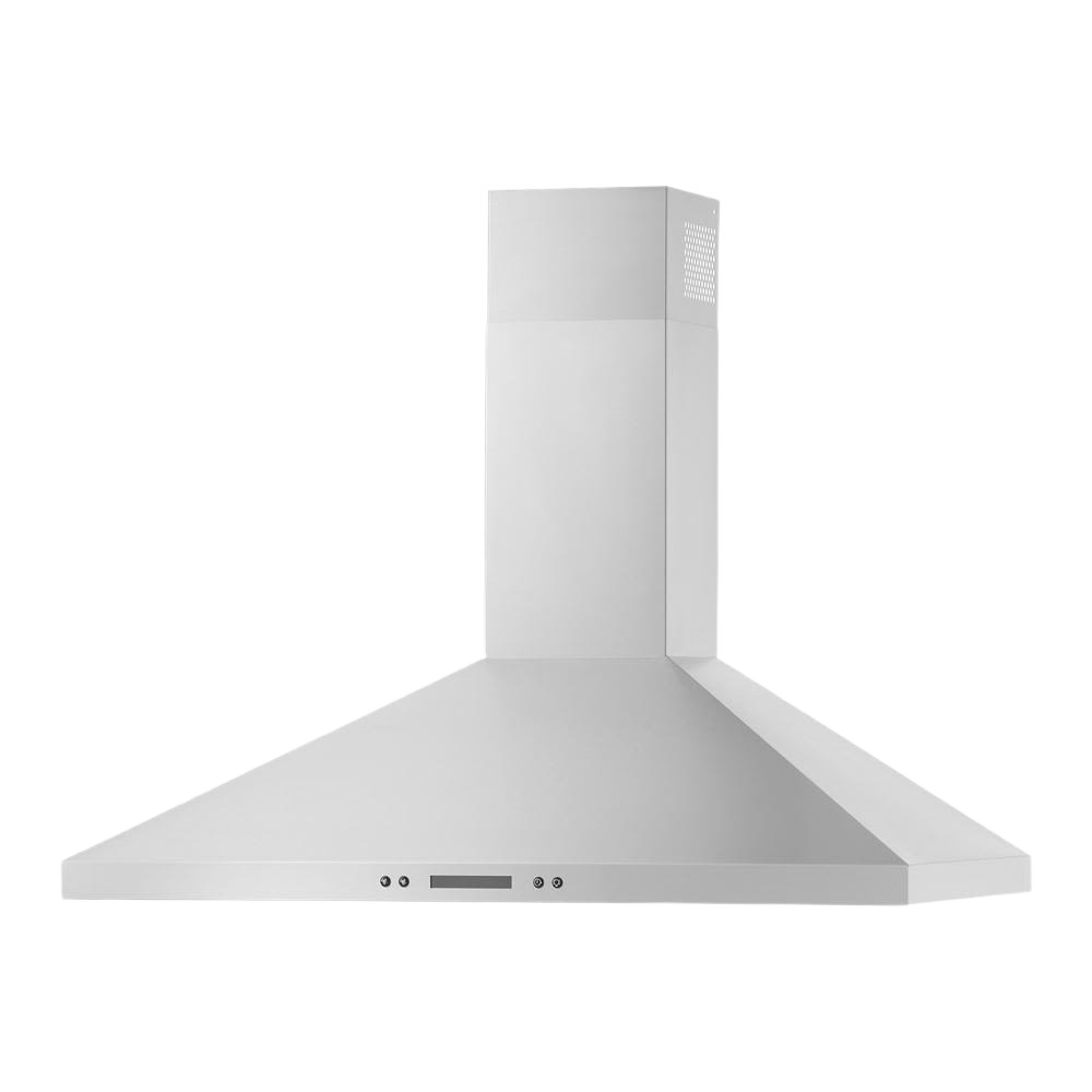 36-inch stainless steel chimney wall mount range hood with LED lights and dishwasher-safe grease filters for kitchen ventilation