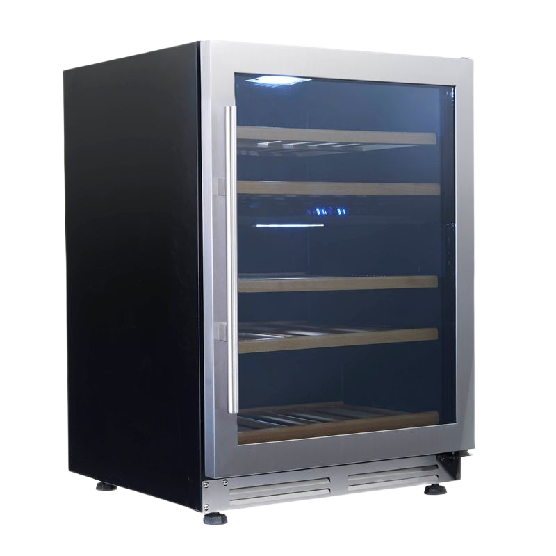 24-inch stainless steel wine chiller with seamless glass door and wooden shelves, ideal for kitchen and appliance collections