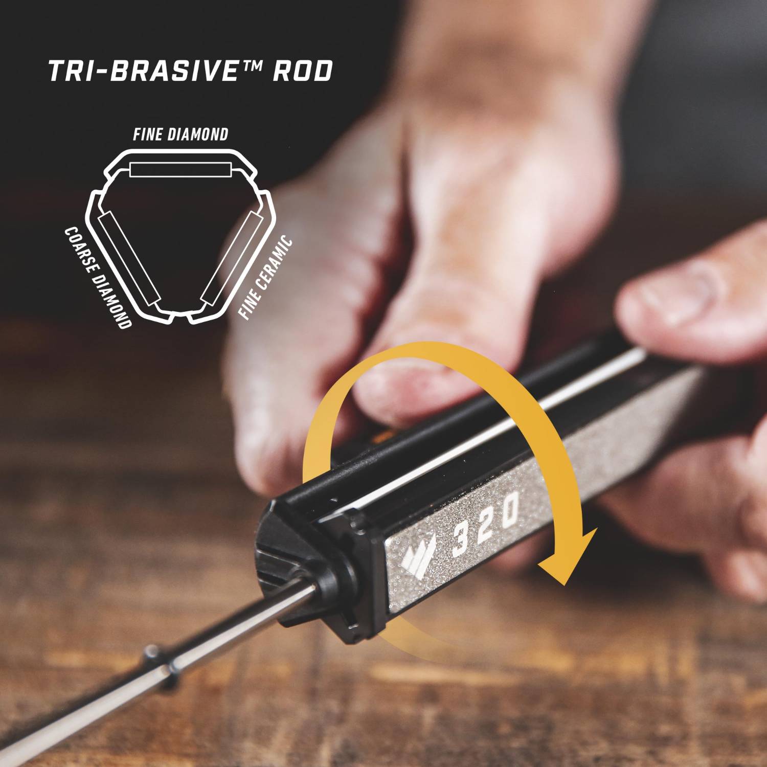 Close-up of tri-brasive rod with fine diamond, coarse diamond, and ceramic surfaces for tool sharpening under 100 dollars