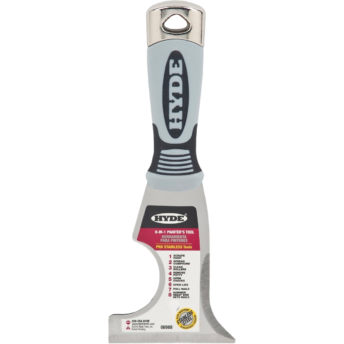 Stainless steel 8-in-1 painter’s tool with ergonomic gray and black handle for versatile home improvement tasks