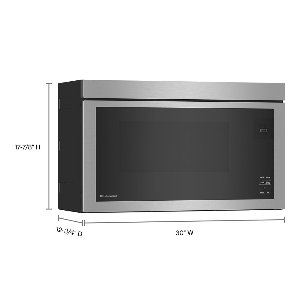 Stainless steel over-the-range microwave with flush design, digital controls, and spacious interior from KitchenAid appliances collection