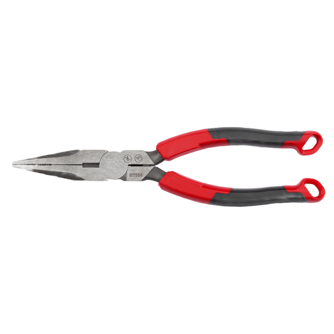 8-inch long nose pliers with red and black comfort grip handles for precise use in tools and home improvement projects