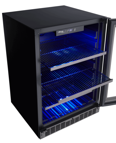 Dark tempered steel single zone beverage center with glass door, blue interior LED lighting in Appliances and Beverage Centers collections