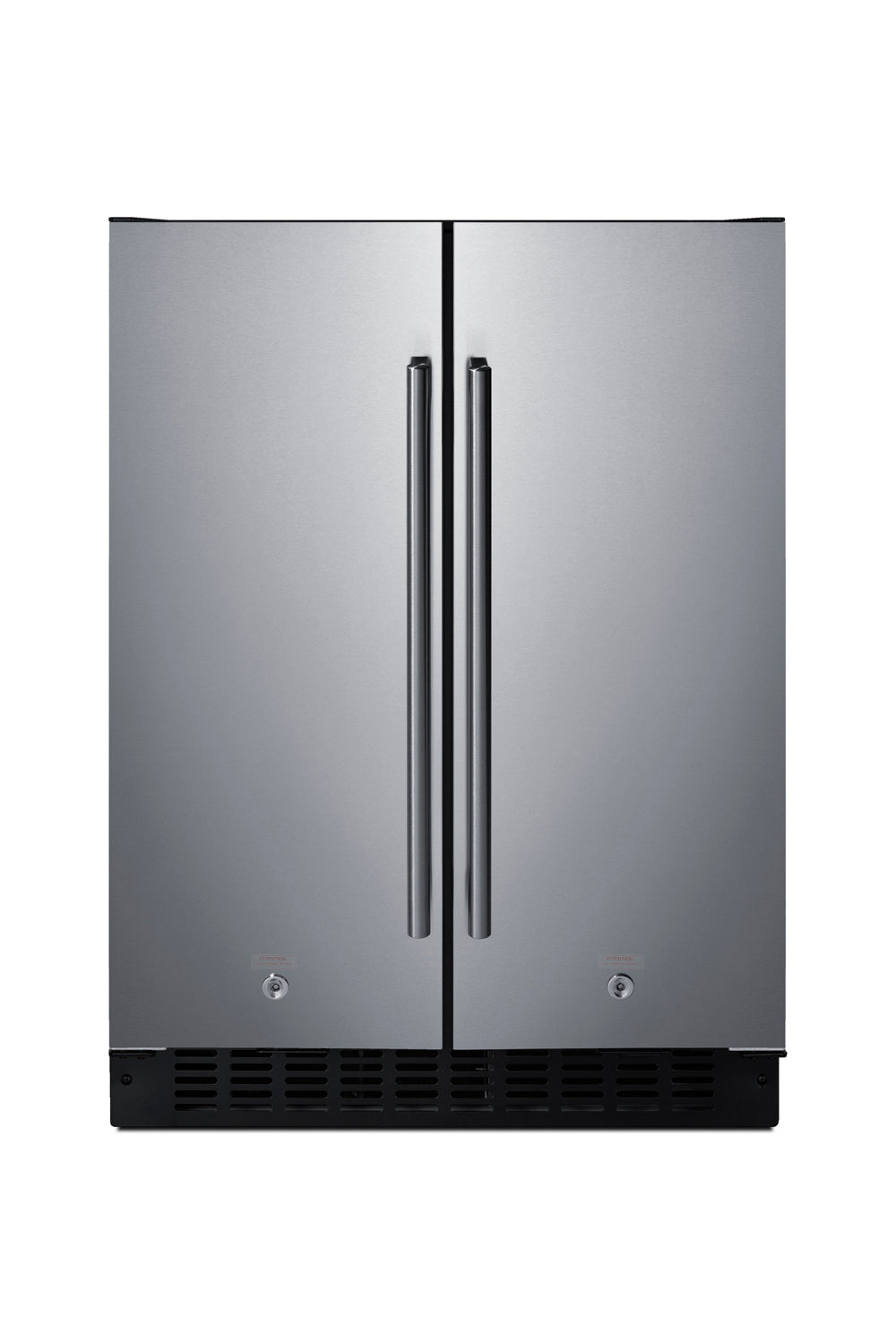 Stainless steel built-in side-by-side refrigerator-freezer with vertical handles and front vent in appliances collection