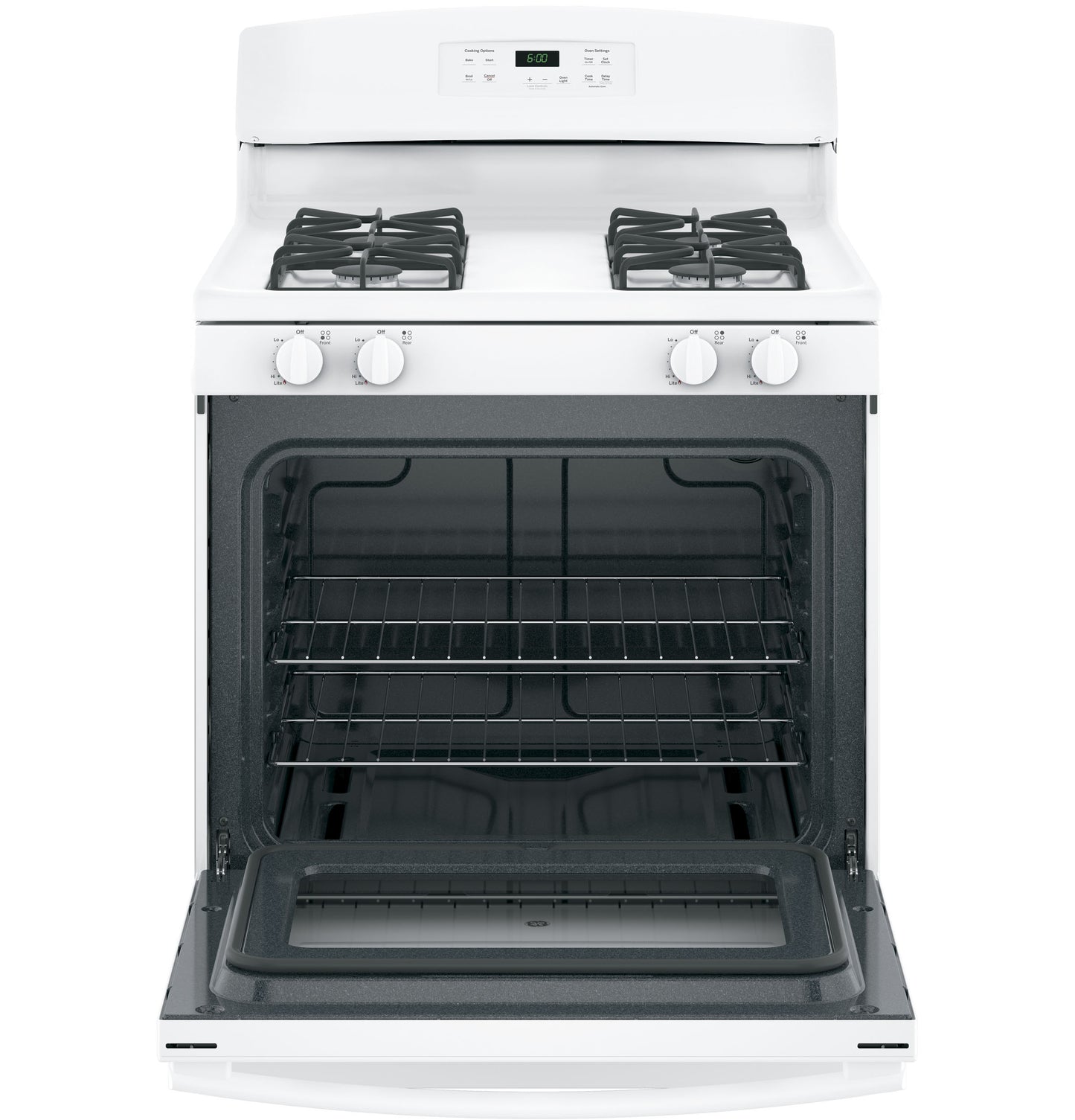 Front view of white freestanding gas range with open oven door showing two wire racks in kitchen appliance collection