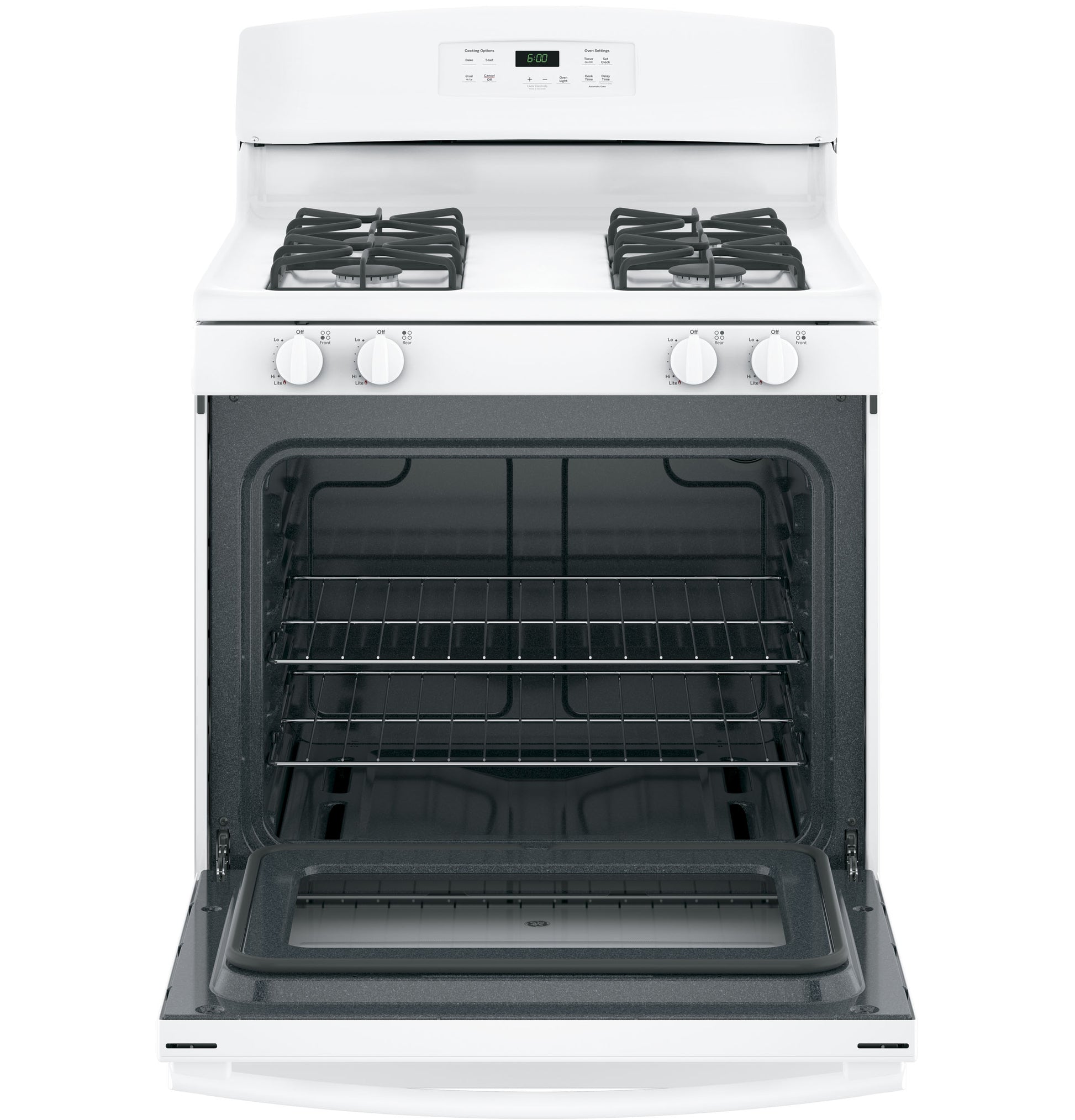Front view of white freestanding gas range with open oven door showing two wire racks in kitchen appliance collection