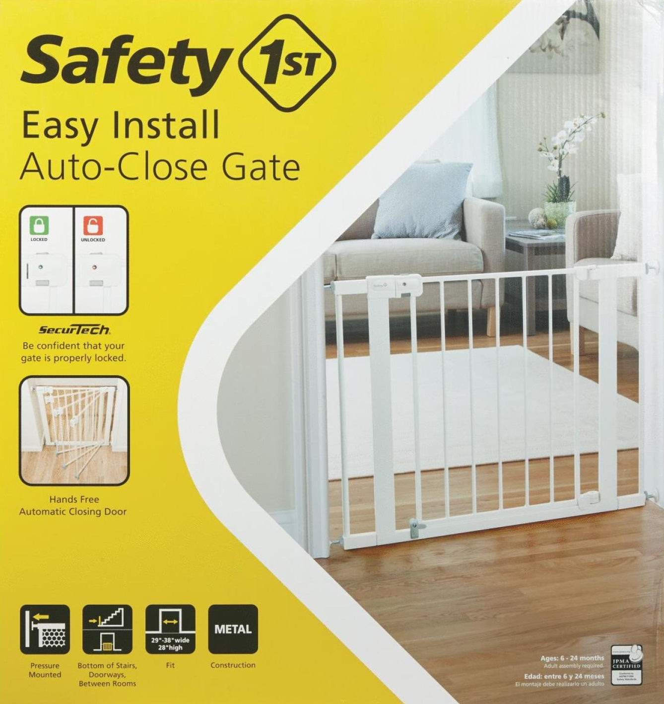 White metal auto-close safety gate mounted in doorway for child safety and home improvement hardware collection