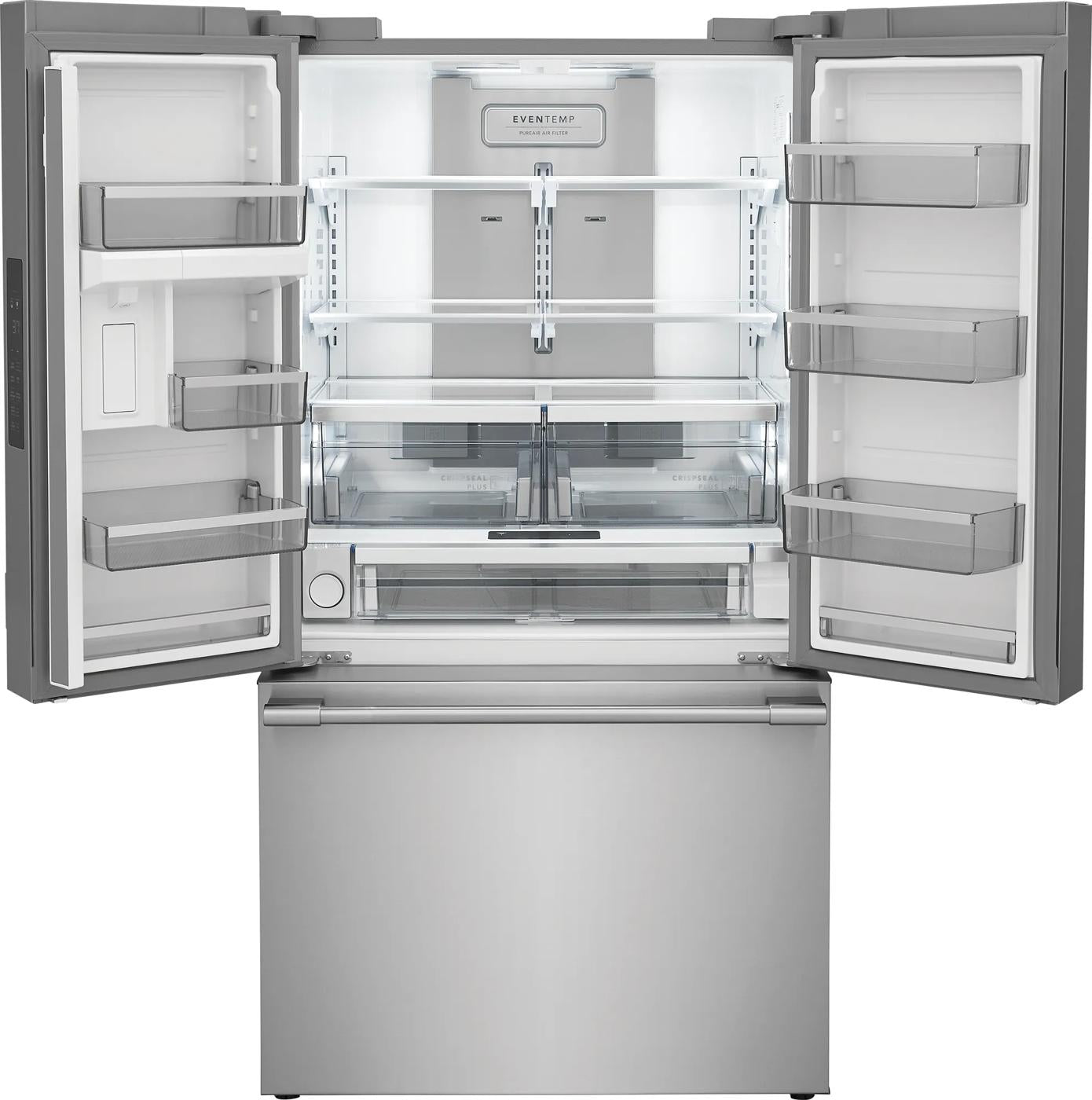 Open stainless steel counter-depth French door refrigerator with adjustable shelves and spacious interior from Refrigerators collection