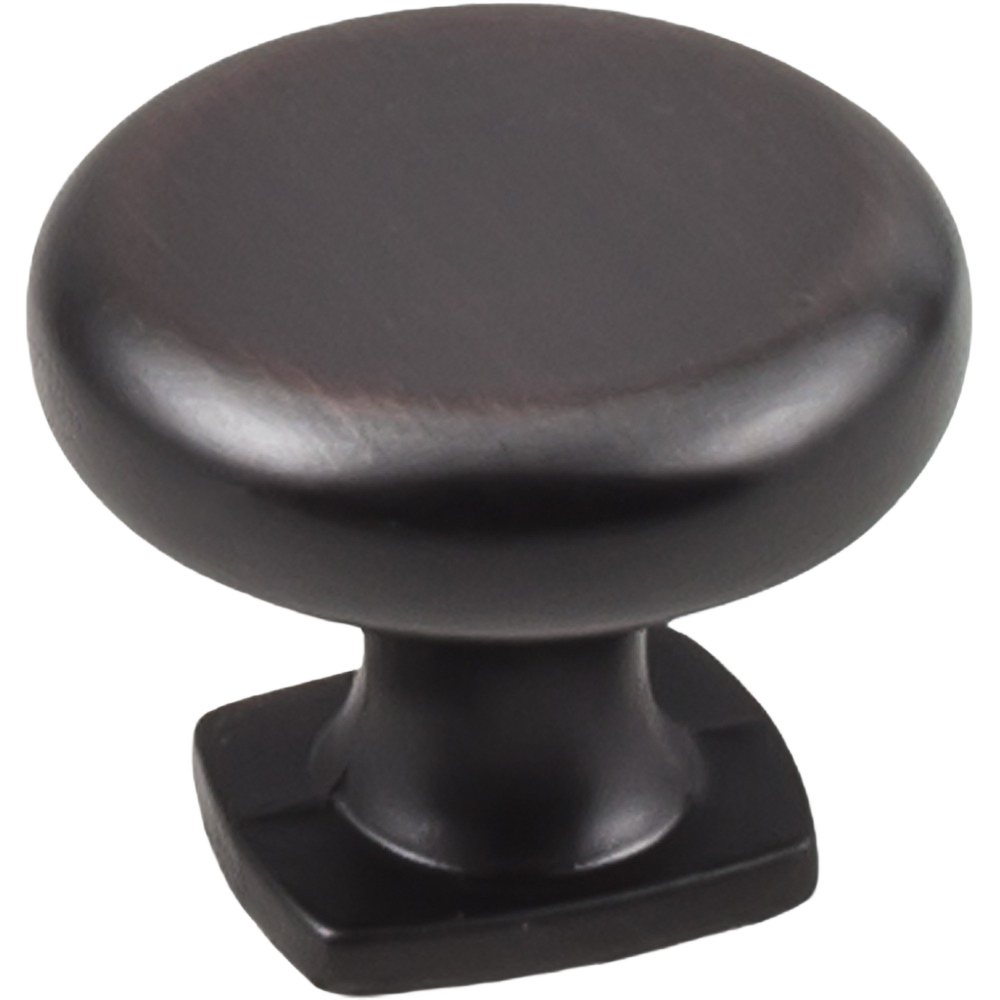 Single brushed oil rubbed bronze cabinet knob with rounded top and square base for home improvement projects