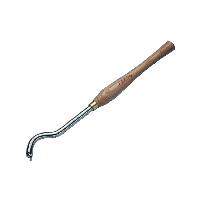 Wood-handled woodturning tool with curved polished steel blade for hollowing and shaping wood projects