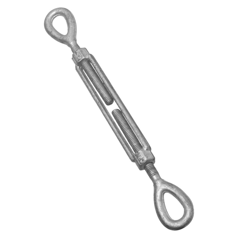 Galvanized steel eye-to-eye turnbuckle with threaded tension adjuster for hardware and home improvement projects