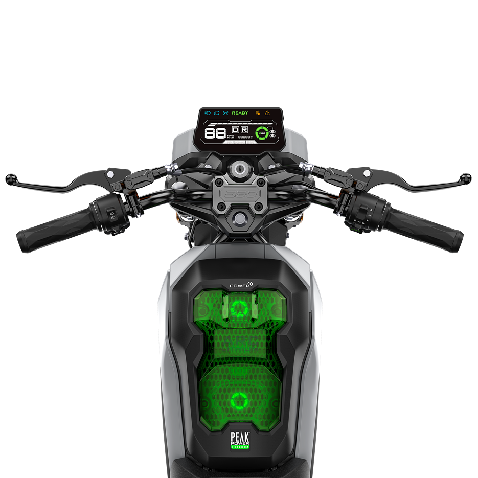 Handlebars and digital dashboard of off-road mini bike kit with green-accented power display from EGO in tools collection