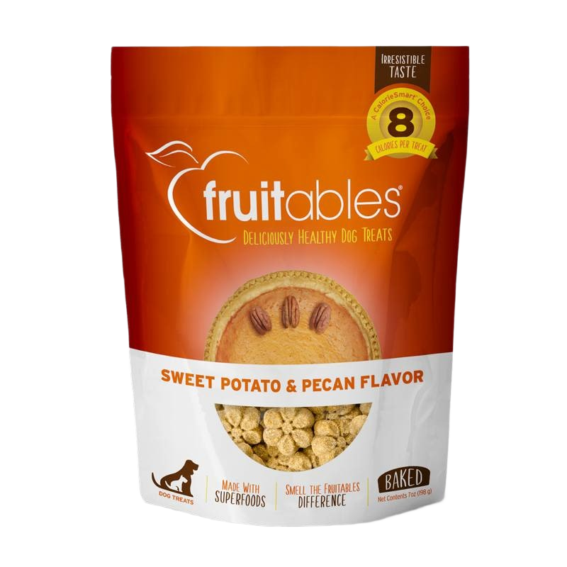 Orange and white bag of Fruitables sweet potato and pecan flavored baked dog treats in pet supply collection under $50