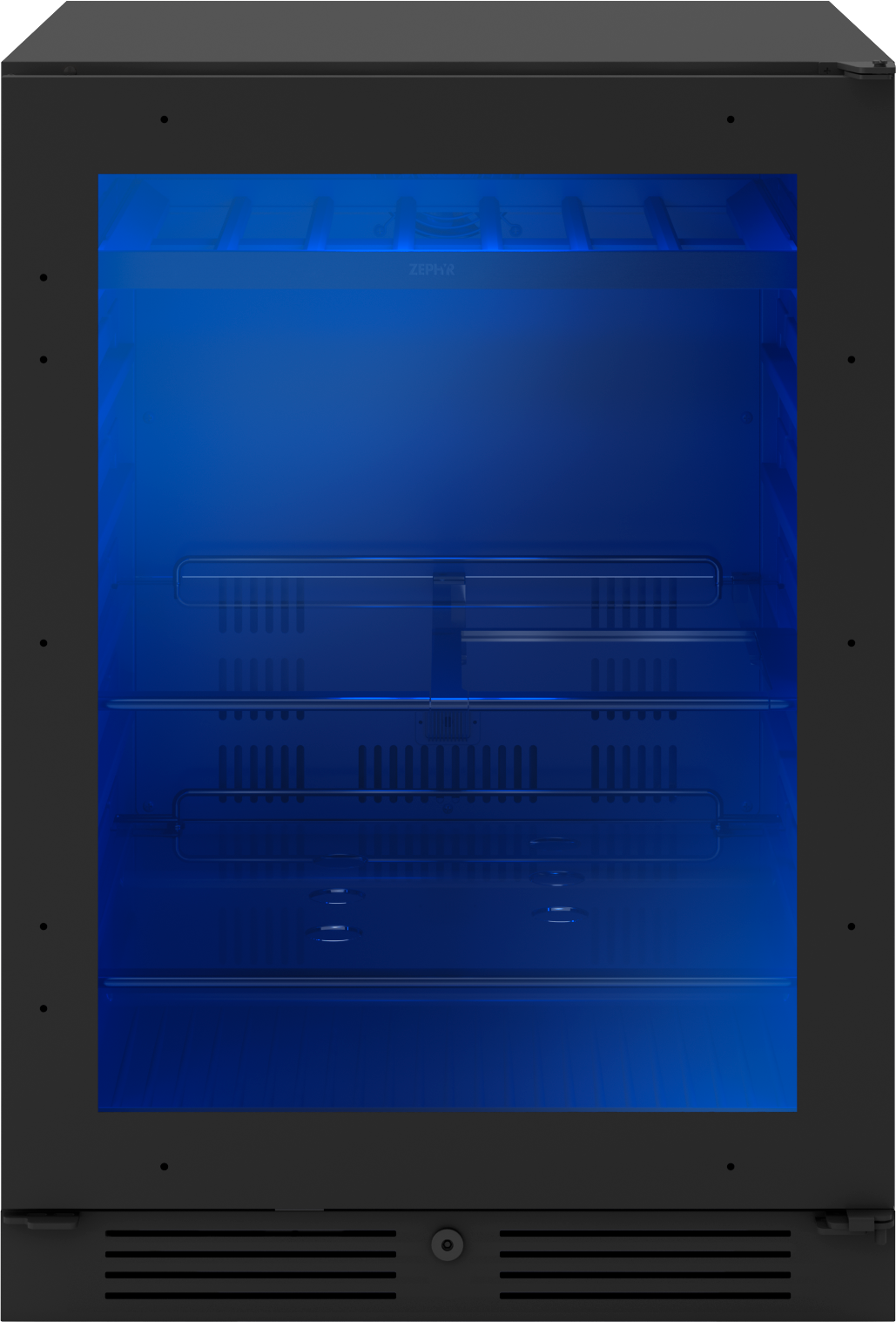 Black beverage center with glass door and blue interior lighting in Refrigerators and Kitchen & Kitchenware collections