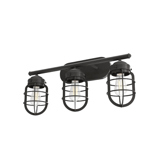 Rustic bronze finish three-light vanity fixture with caged bulbs for bathroom wall lighting and home improvement.