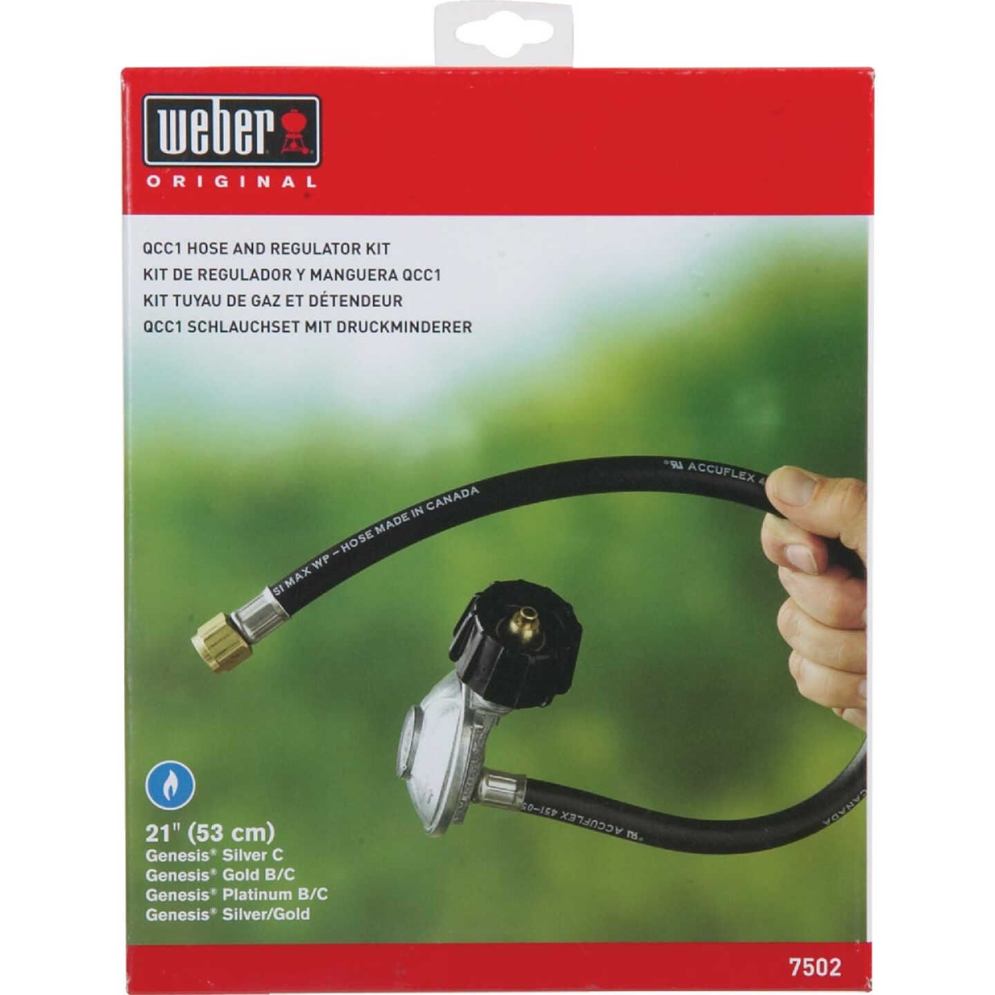 Black rubber propane hose with metal regulator and brass fittings for grilling tools in outdoor living and Weber accessories collections