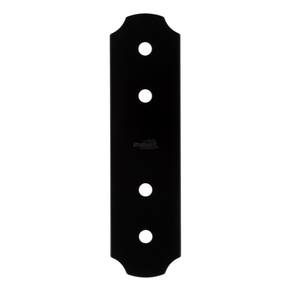 Black flat strap brace with four mounting holes for reinforcement in building hardware and lumber materials collections