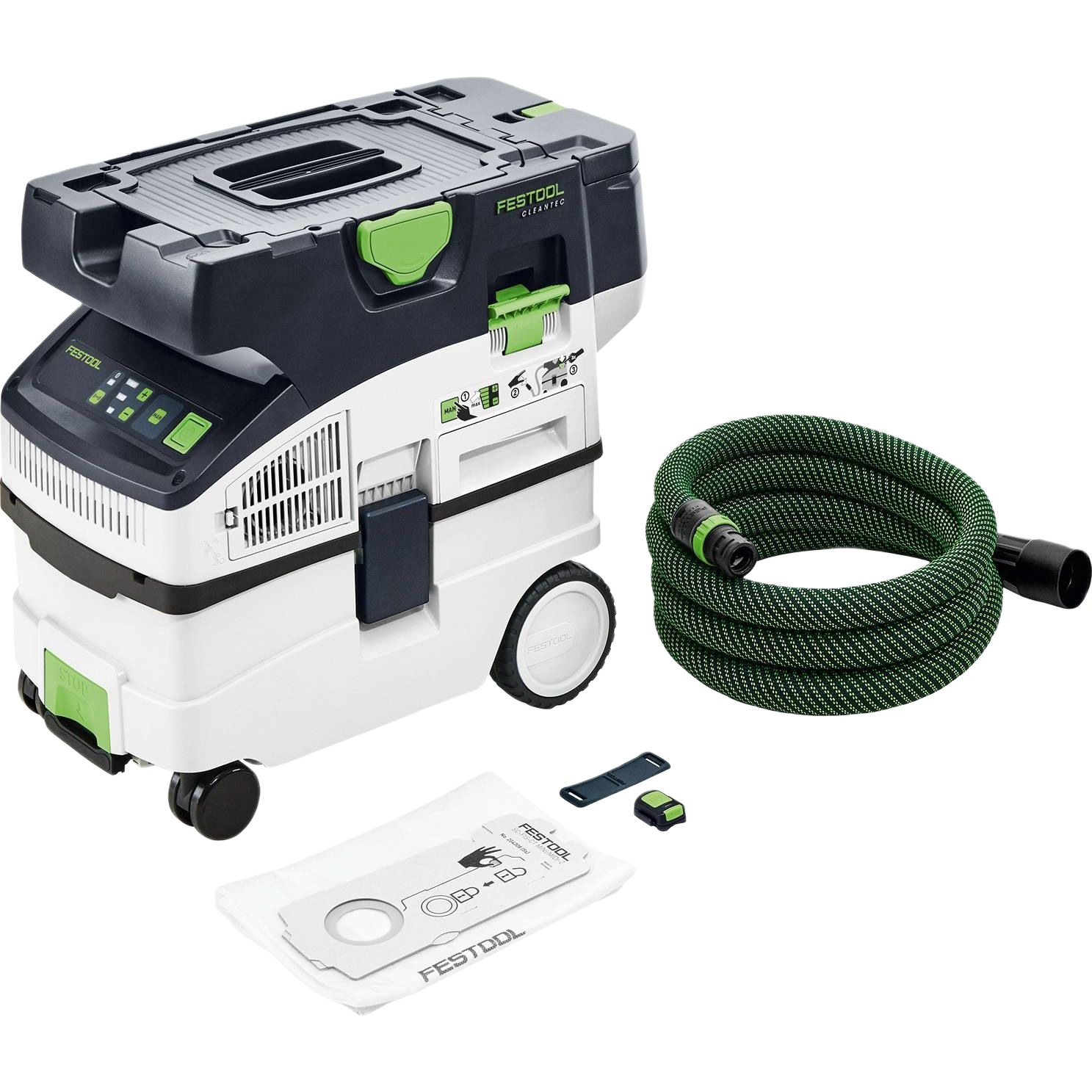 Cordless HEPA filtration dust extractor with hose, filter bag, and accessories for woodworking and air filtration tools.