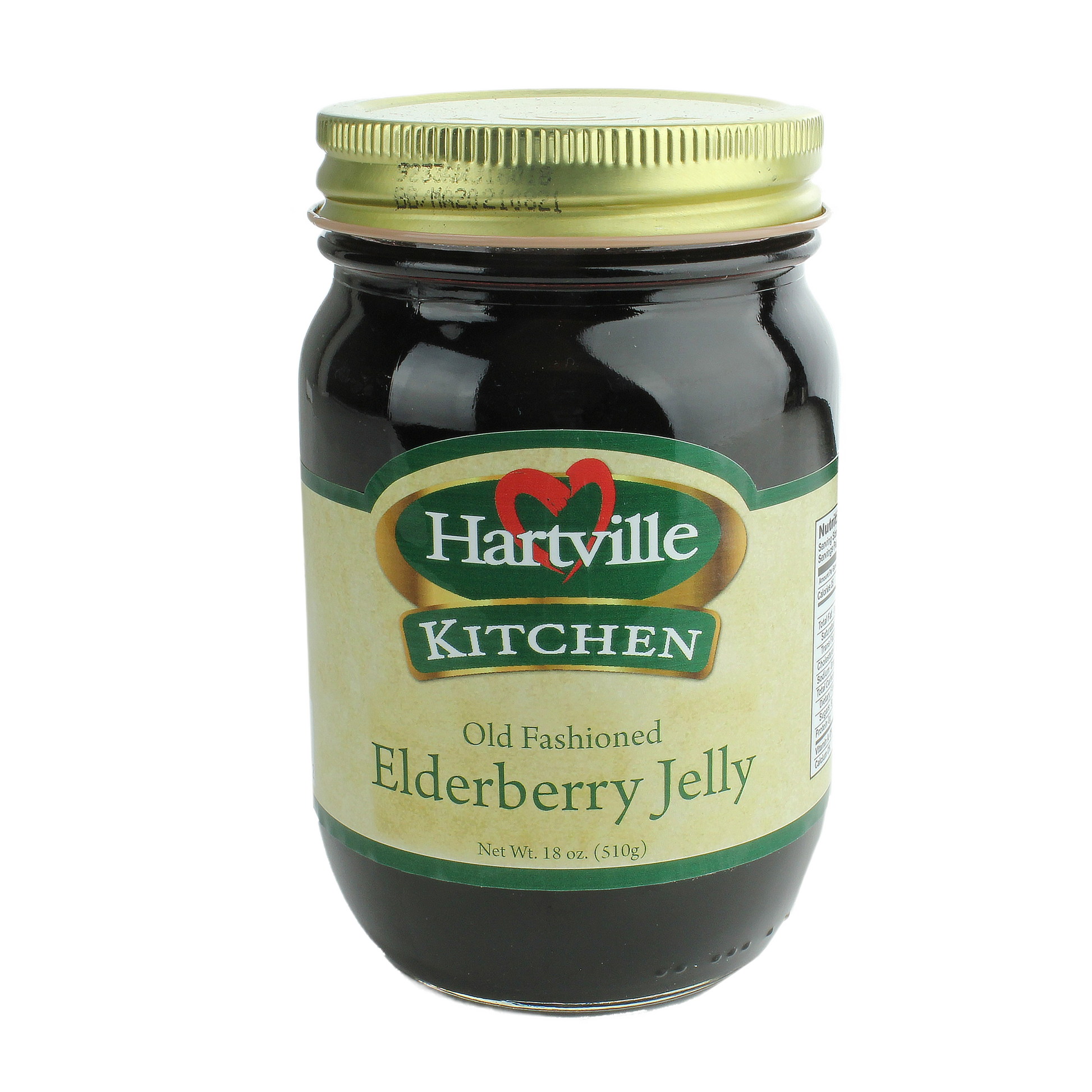 Glass jar of Hartville Kitchen elderberry jelly with gold metal lid in jams and jellies food and beverage collection