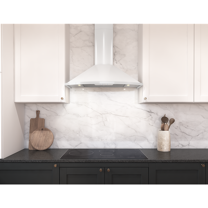 White powder-coated chimney hood with LED lights above black countertop and marble backsplash in modern kitchen