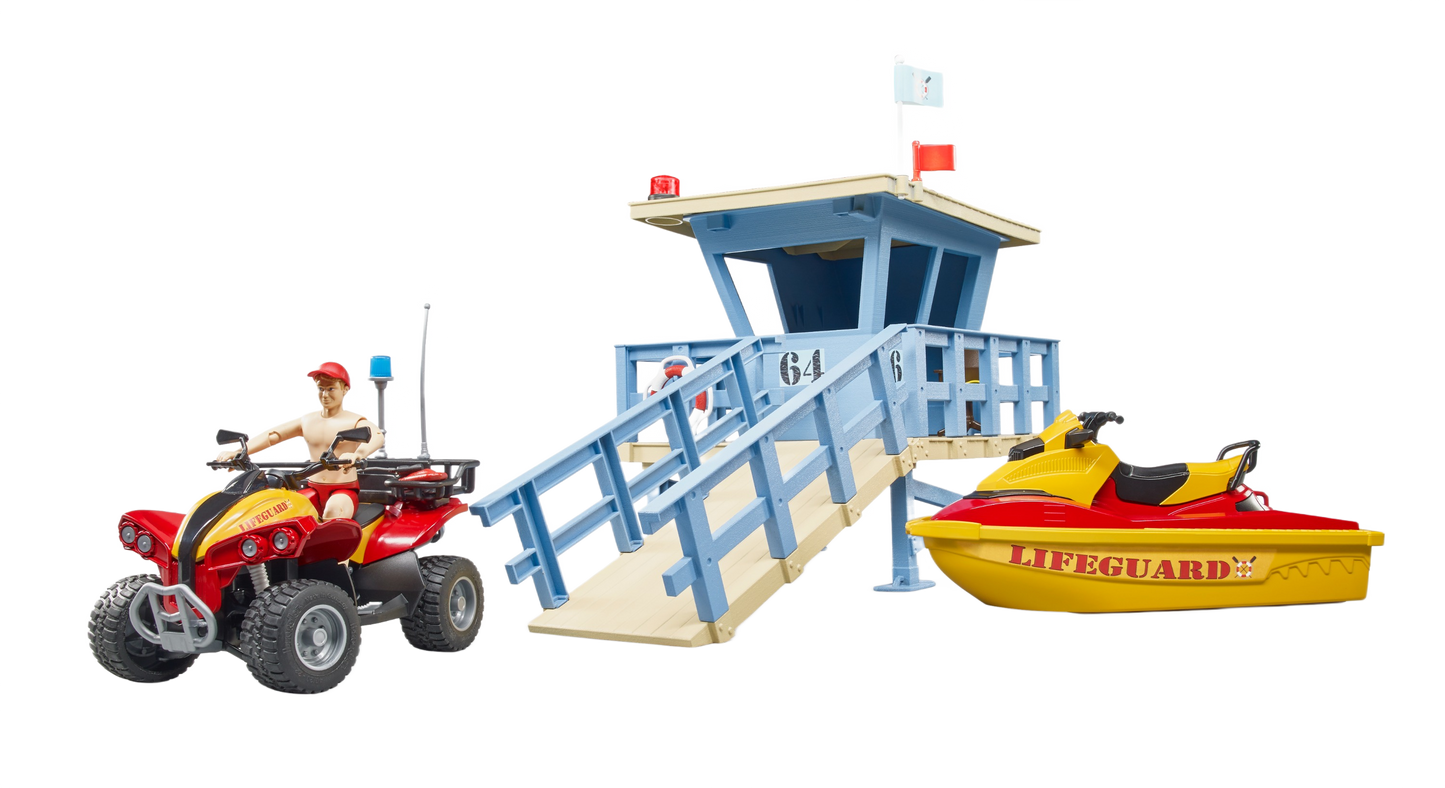 Blue lifeguard station playset with red quad and yellow rescue watercraft from Bruder Toys under $100 collection
