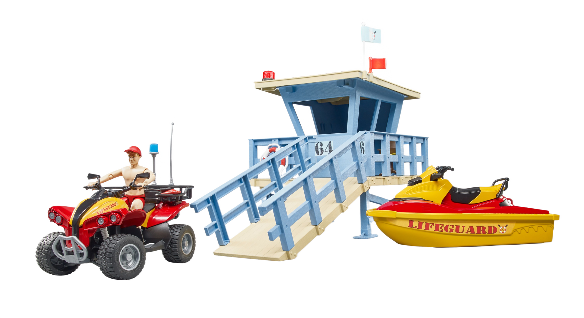 Blue lifeguard station playset with red quad and yellow rescue watercraft from Bruder Toys under $100 collection