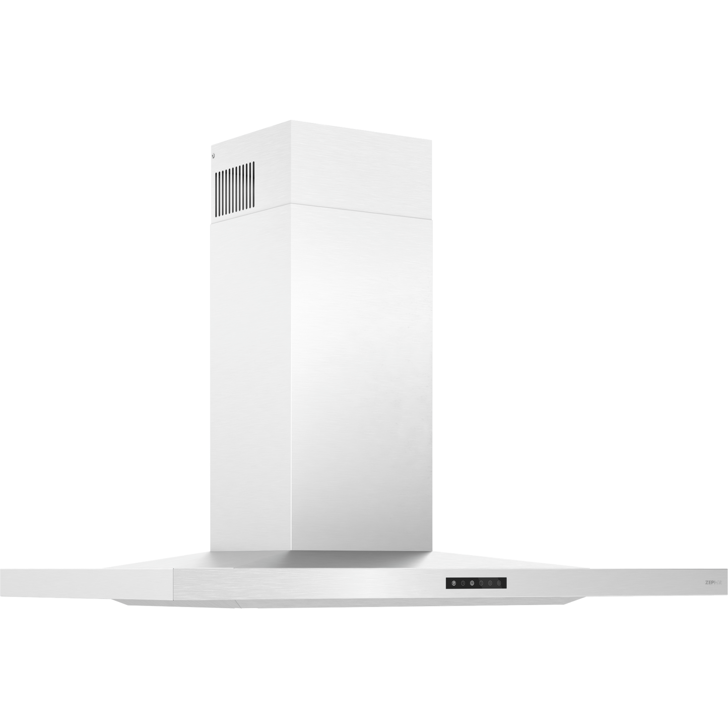 Minimalist white wall mounted range hood with pyramid design and touch control panel from kitchen appliances collection