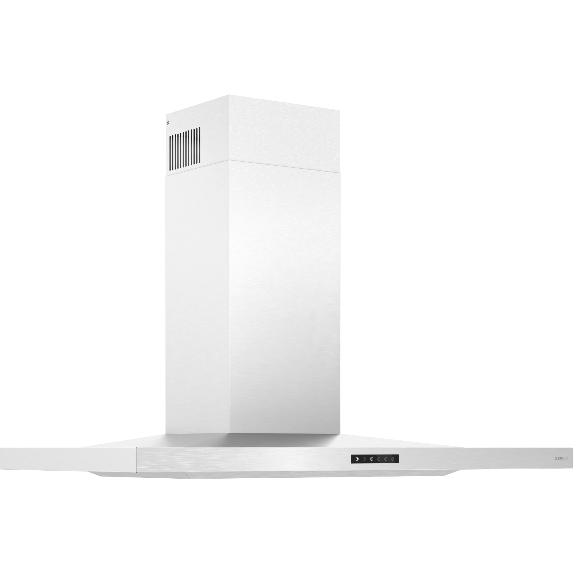 Minimalist white wall mounted range hood with pyramid design and touch control panel from kitchen appliances collection