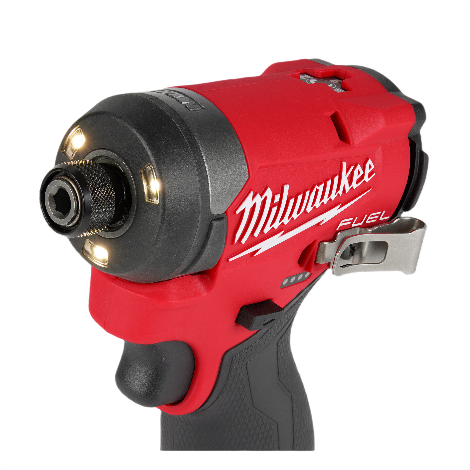 Red and black cordless hex impact driver with integrated LED lights and textured grip for tools and home improvement tasks