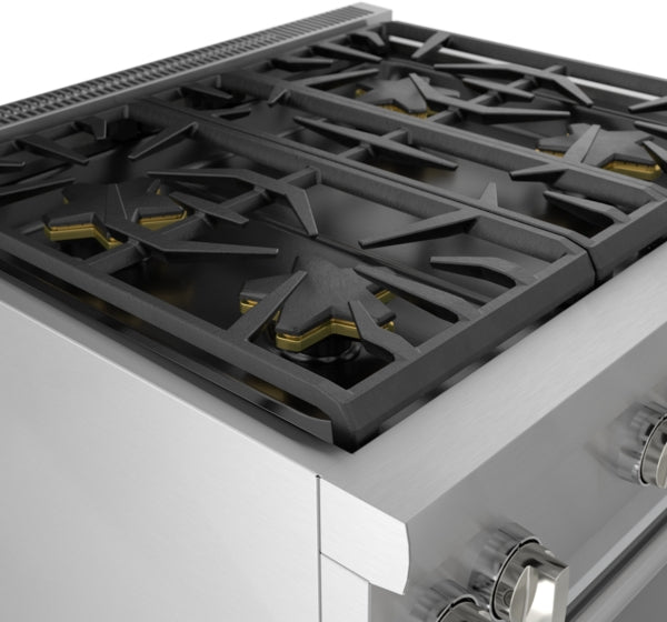 Close-up of stainless steel dual fuel range cooktop with professional-grade burners and control knobs for kitchen tools.