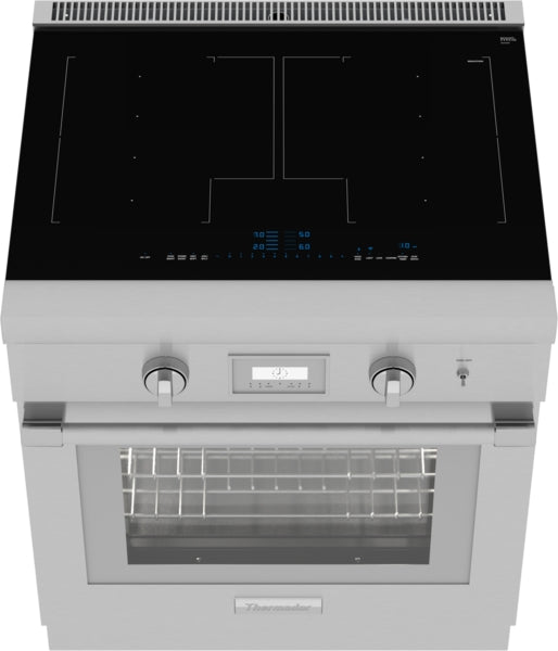 Stainless steel induction range with smooth cooktop, digital display, control knobs, and oven window in modern design