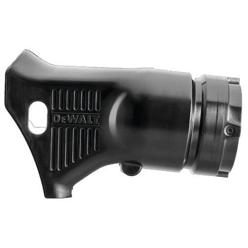Black DEWALT dust extraction attachment designed for compatible cordless power tools, improving dust collection for woodworking and home improvement projects.